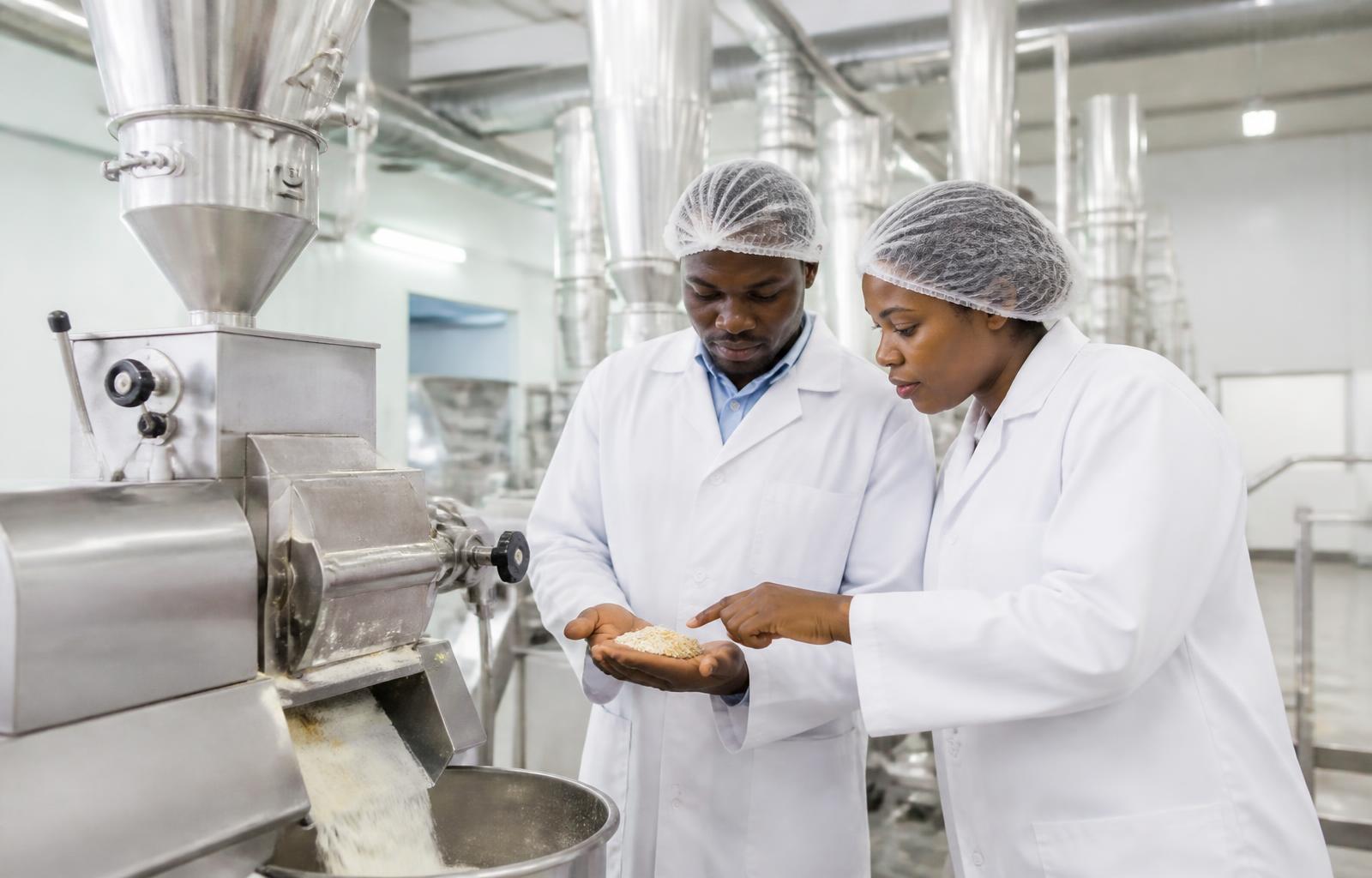 Technicians inspecting milled product inside the Platemate processing facility