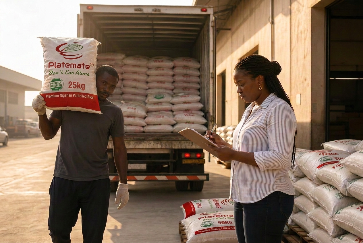 A single labourer carrying a branded Platemate 50KG rice sack across a concrete loading bay while a supervisor tallies the count on a clipboard